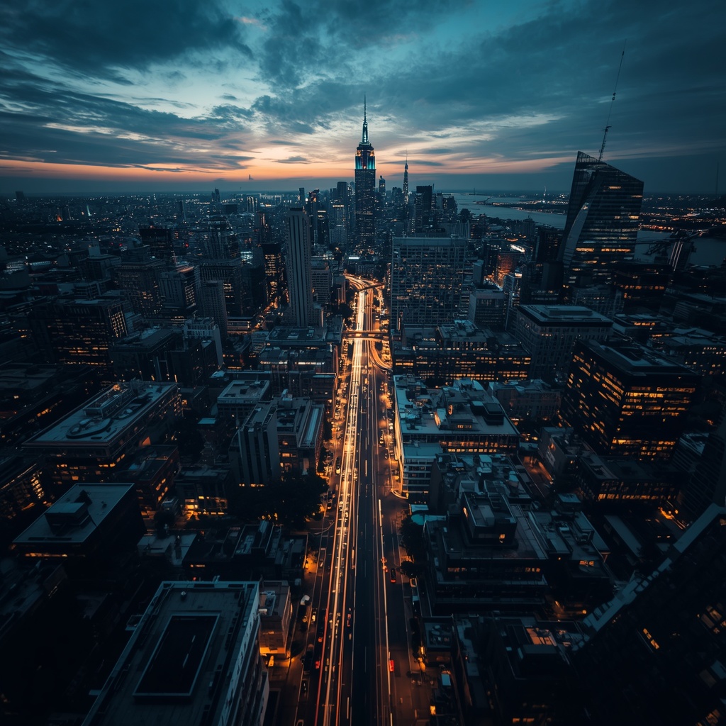 Cinematic aerial view of city skyline at dusk with long exposure light trails from traffic, symbolising business growth and momentum, deep navy and gold tones, photorealistic
