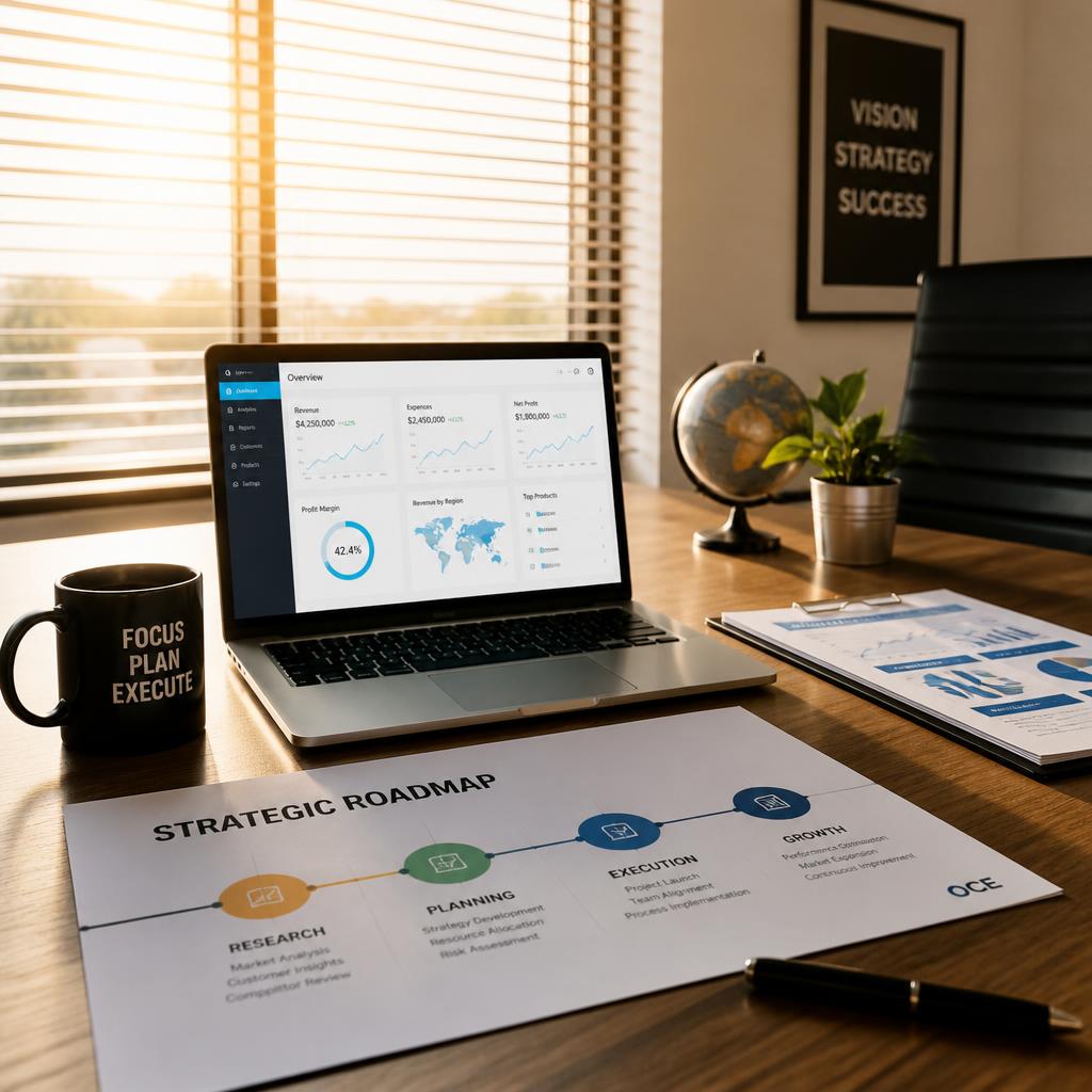 Clean modern oce desk with open laptop showing analytics dashboard, strategic roadmap documents, coffee cup and small globe, warm golden hour light through window blinds, photorealistic professional business photography